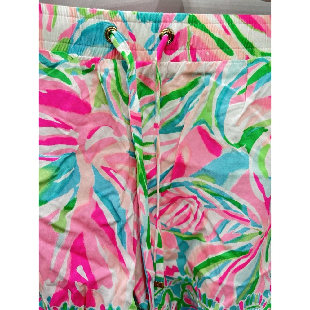 Lilly Pulitzer XL Ruffle Hem Shorts Pink Green Blue Tropical Rayon Pull On - Picture 5 of 10